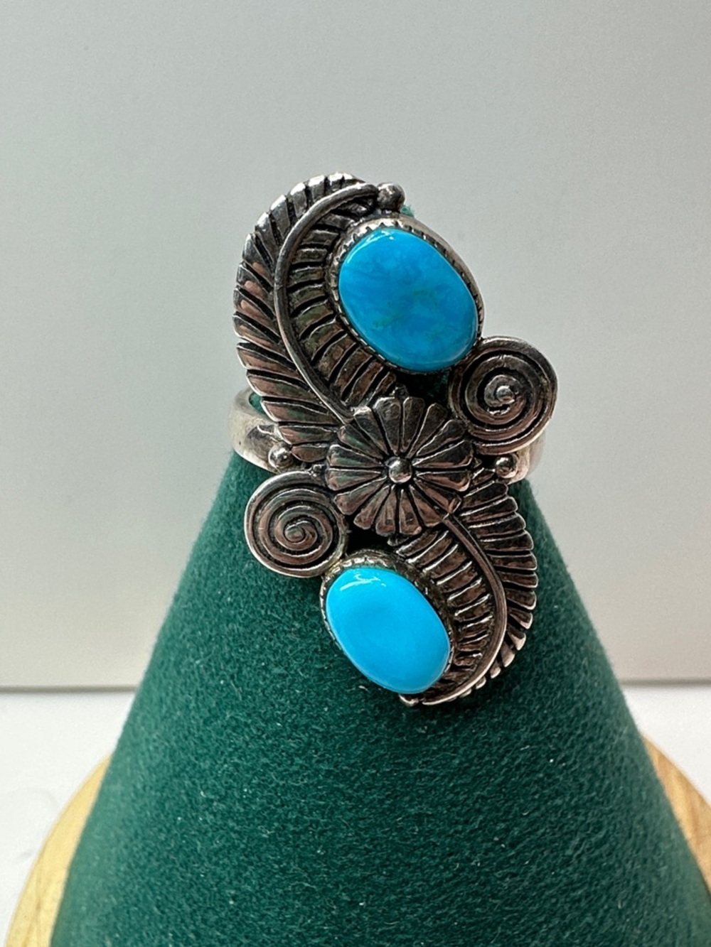 Turquoise Double-Stone Sterling Silver Feather Flower Ring